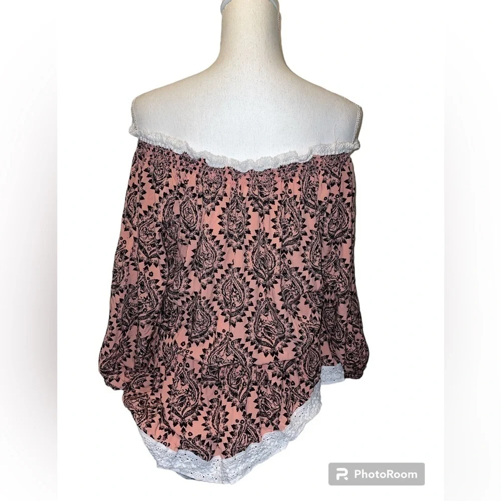 Free People peach black cream off the shoulder dress or long tunic top large - Picture 2 of 6